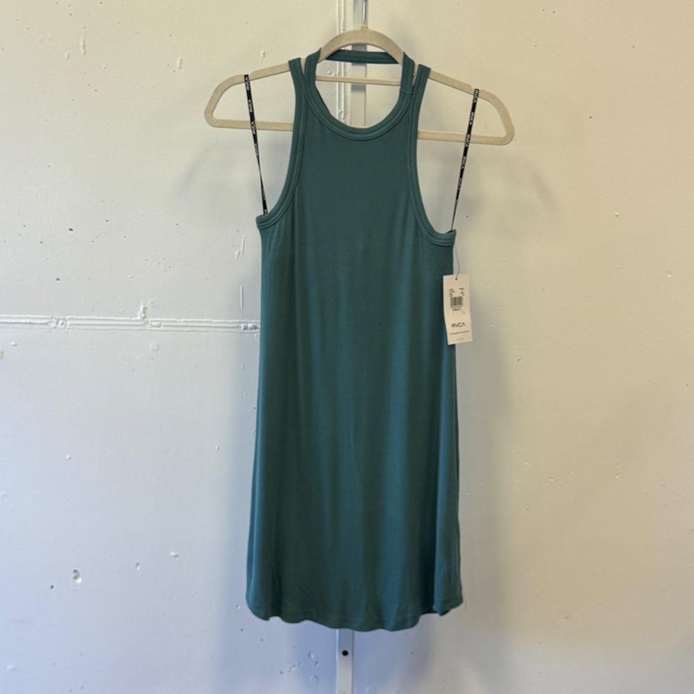 NWT RVCA Linked Ribbed Mini Dress Teal Green High Neck Racerback WD05QRLI XS